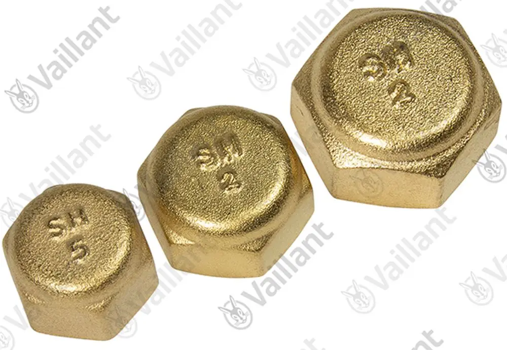 Set aus drei goldfarbenen Kappen von Vaillant, jeweils mit unterschiedlichen Formen und Markierungen. Ideal für diverse Anwendungen in der Heiztechnik.